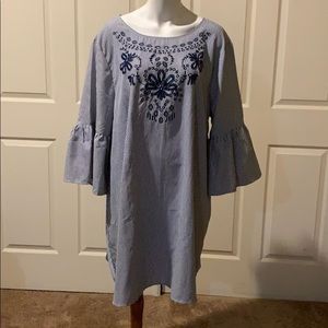 SHEIN boho embroidered floral striped smock dress